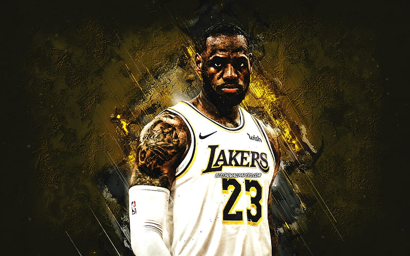 LeBron James, Los Angeles Lakers, American basketball player, portrait, NBA, yellow stone background, basketball, USA, HD wallpaper
