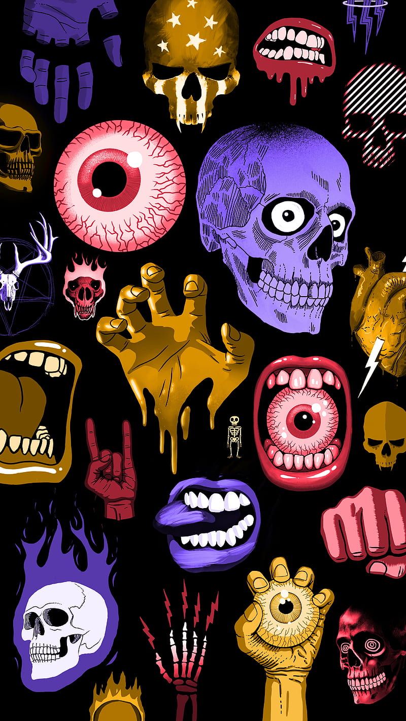 Bad Things Again, Bad, Eyeball, My, Skull, amoled, badass, bones, colorful, cool, funny, hand, illustration, oled, pattern, purple, scary, skeleton, things, yellow, HD phone wallpaper