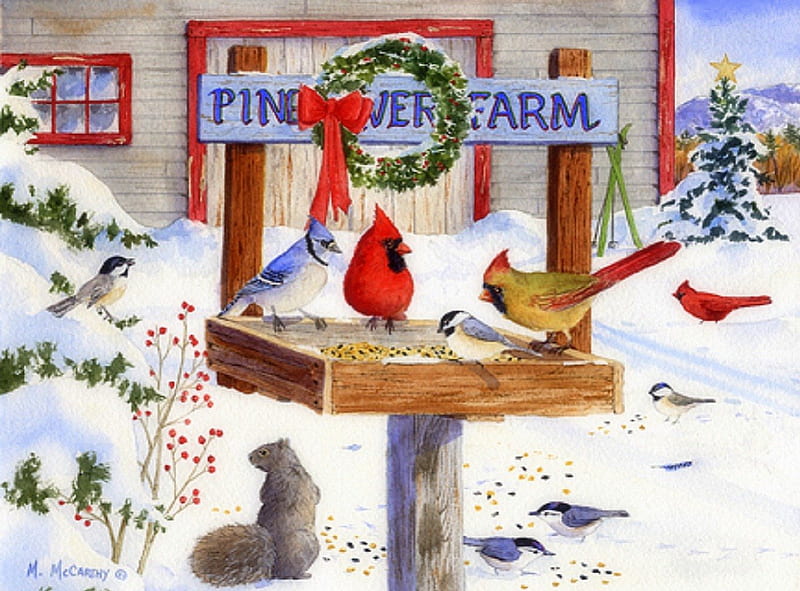 ★Pine River Farm★, wreath, squirrel, feed, seasons, xmas and new year, greetings, farm, cardinals, seed, frosty, paintings, drawings, traditional art, red bow, holiday, christmas, xmas trees, love four seasons, birds, festivals, winter, snow, berries, pine river farm, celebrations, HD wallpaper