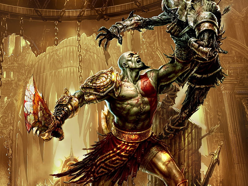 Golden Kratos action, golden, god of war, gold, epic, kratos, weapon, sword, creature, HD wallpaper