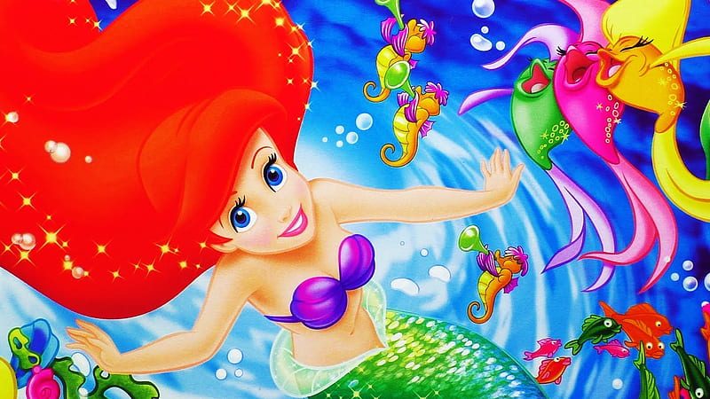 Ariel, luminos, movie, fish, redhead, fantasy, little mermaid, water, green, disney, blue, HD wallpaper