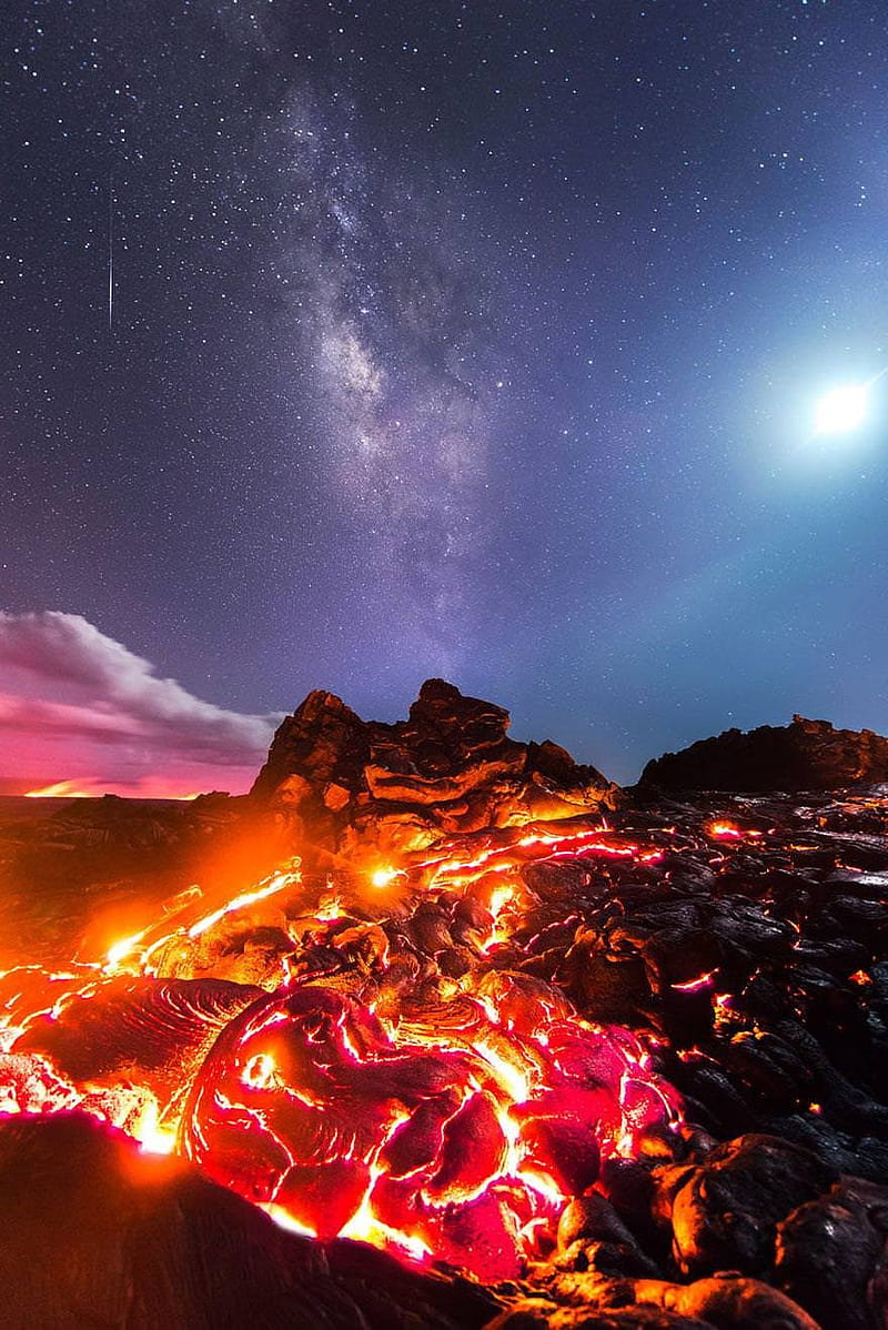 Lava and milky way, galaxy, lava, outerspace, space, volcano, HD phone wallpaper