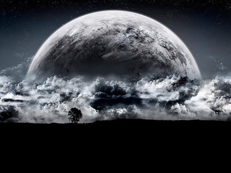 Bad Moon Rising, fantasy, moon, space, black and white, moon rising, sci fi, landscape, HD wallpaper