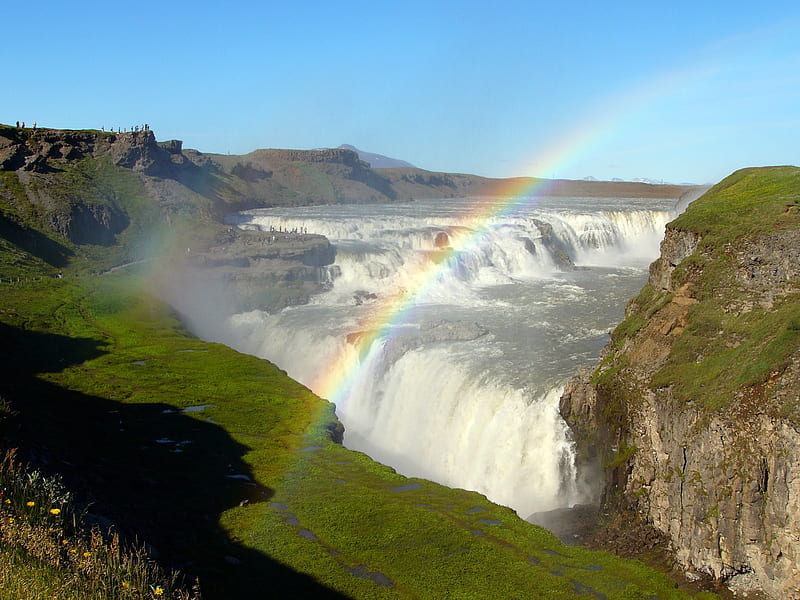 Gullfoss waterfall, wide water, rainbow, high viewpoint, people, HD wallpaper
