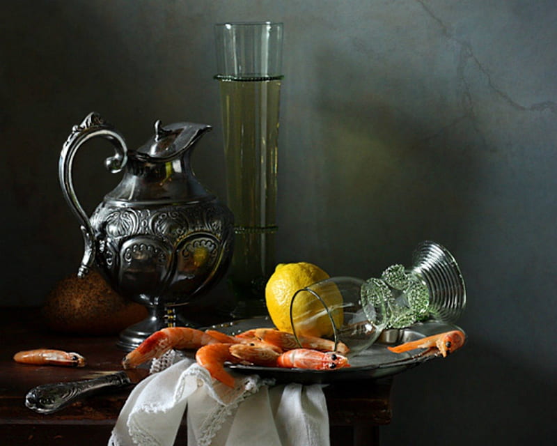Still life, glass, shrimp, food, jar, lemon, HD wallpaper