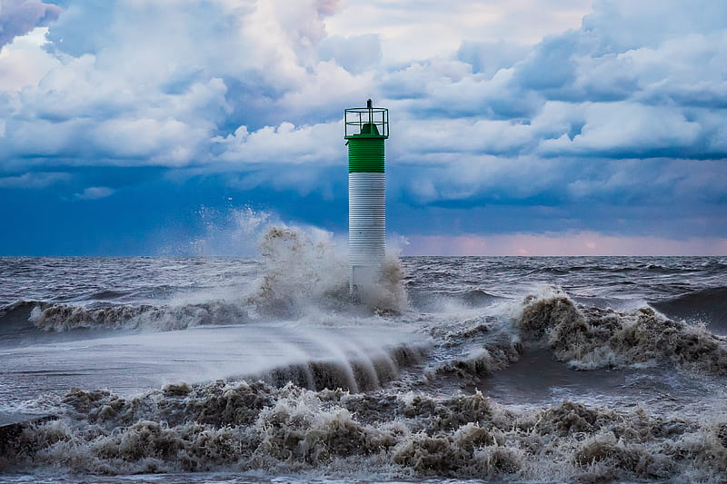 lighthouse, sea, storm, wave, spray, HD wallpaper