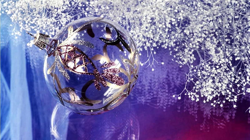 Purple Christmas , pretty, holidays, christmas, glass, tree, gold, purple, decorations, white, blue, HD wallpaper