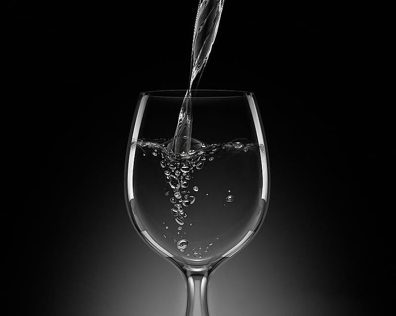 Mineral water, glass, black and white, HD wallpaper