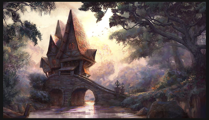 House, art, water, fantasy, medieval, luminos, pink, jordi gonzalez escamilla, bridge, HD wallpaper