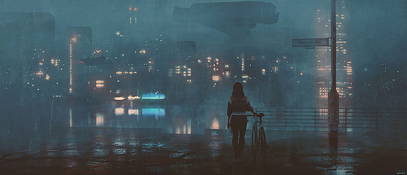 Girl With Bicycle On Roof Top , bicycle, artist, artwork, digital-art, HD wallpaper