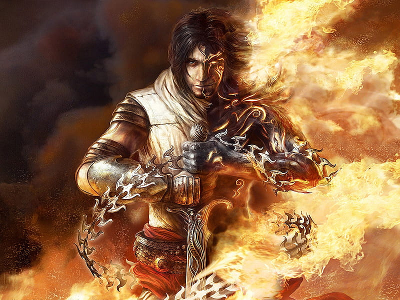 Burning Prince, action, prince of persia, burning, pop, video game, prince, adventure, dagger tail, fire, warrior, prince of persia the two thrones, weapon, 2005, sword, HD wallpaper