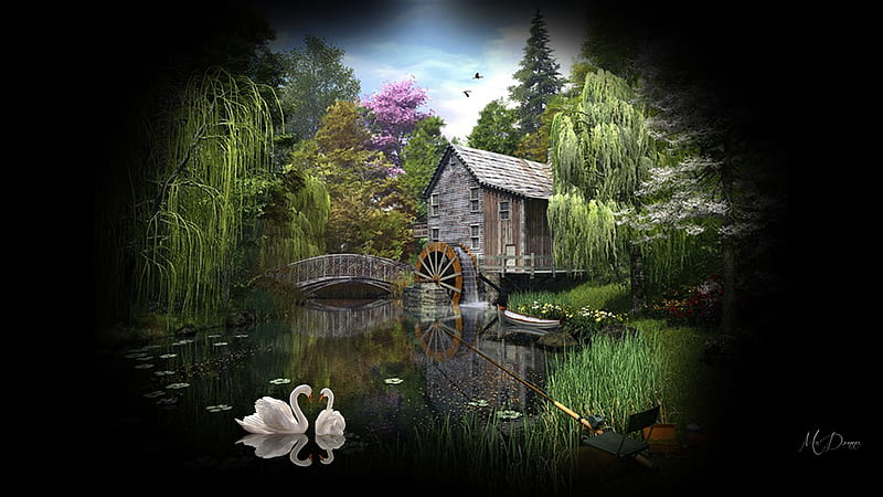 Watermill Collage, Firefox theme, waterwheel, fishing pole, collage, trees, swans, lake, pond, watermill, bridge, river, vintage, HD wallpaper