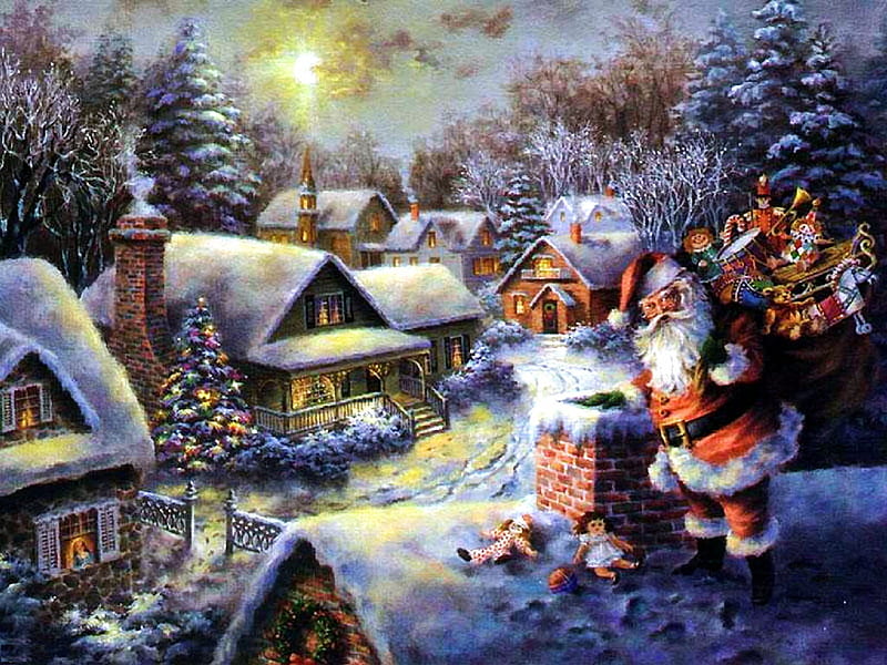 Father Christmas coming, snow, painting, village, trees, xmas, lights, winter, HD wallpaper