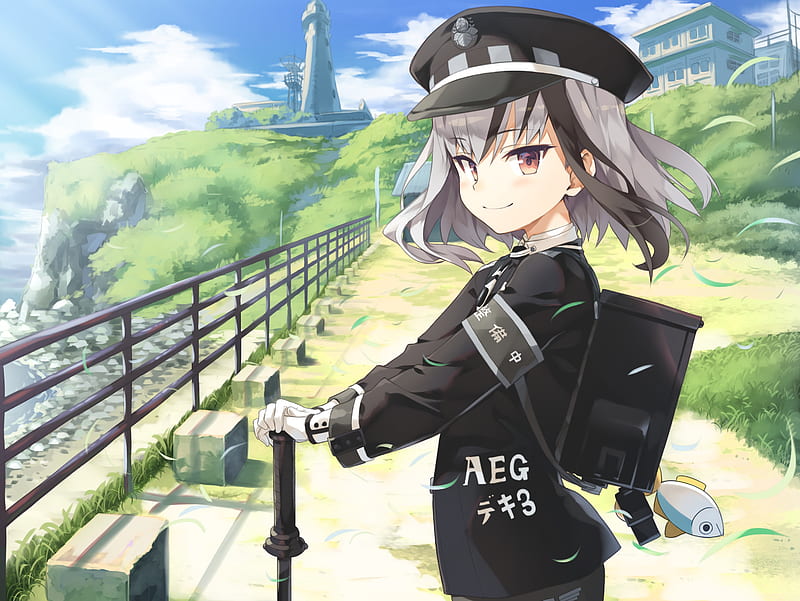 alrgemeine-drei, rail romanesque, uniform, smiling, anime landscape, lighthouse, gray hair, Anime, HD wallpaper
