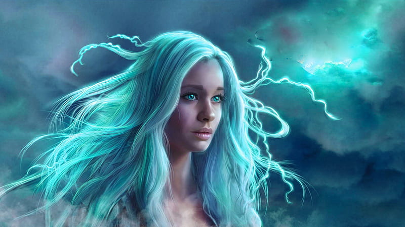 Storm, pretty, art, bonito, woman, fantasy, girl, windy, digital, long hair, blue, HD wallpaper