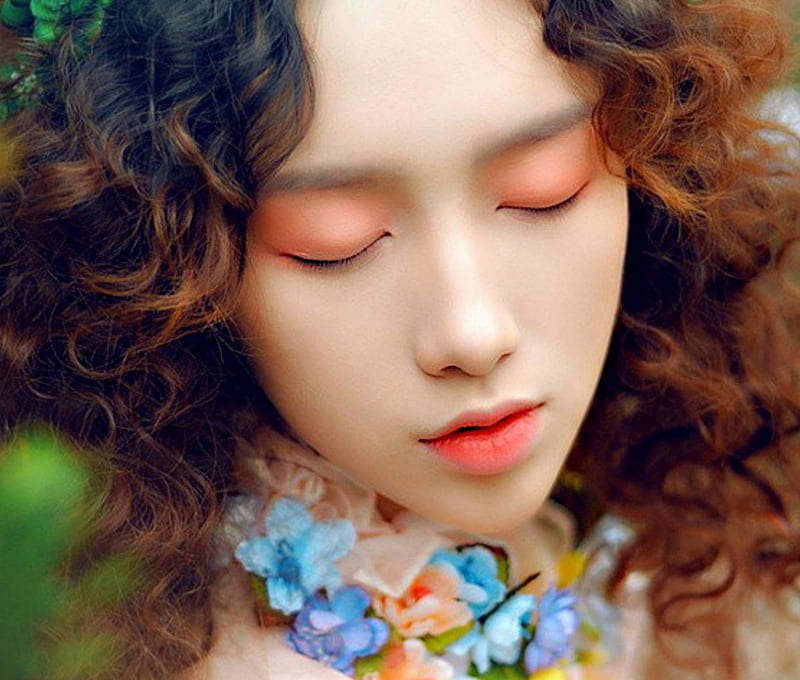 Beauty, orange, woman, make-up, girl, summer, flower, asian, face, blue, HD wallpaper