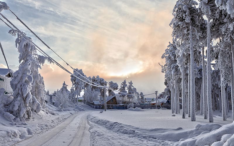 Winter, Snow, Road, House, , , Power Line, HD wallpaper
