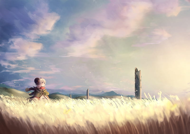 anime girl, scenic, clouds, loli, landscape, winter, red scarf, Anime, HD wallpaper