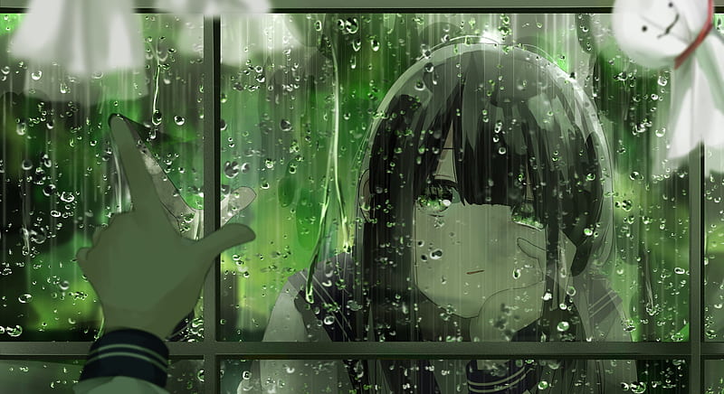 anime girl, bored expression, raining, window, reflection, mood, Anime, HD wallpaper