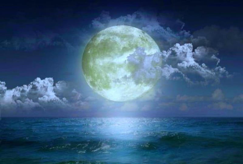 Bella Luna!, ocean, supermoon, Full Moon, clouds, moonrise, water, moonlight, reflection, perigee, HD wallpaper