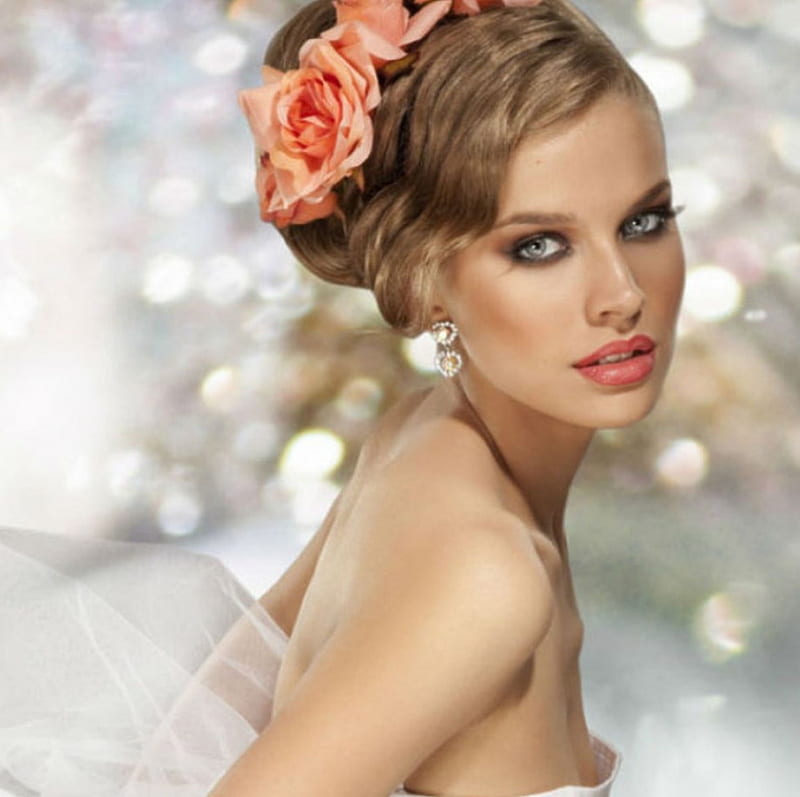 Beautiful Bride, hair style, roses, woman, lips, wedding day, face bright, femininity, makeup, beauty, eyes, HD wallpaper