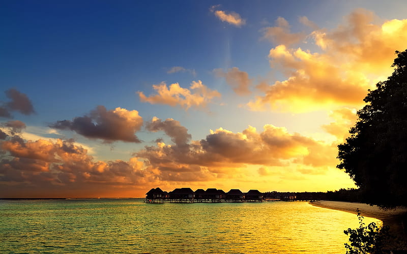 tropical islands, sunset, sea, bungalow, evening, palms, beach, Maldives, HD wallpaper