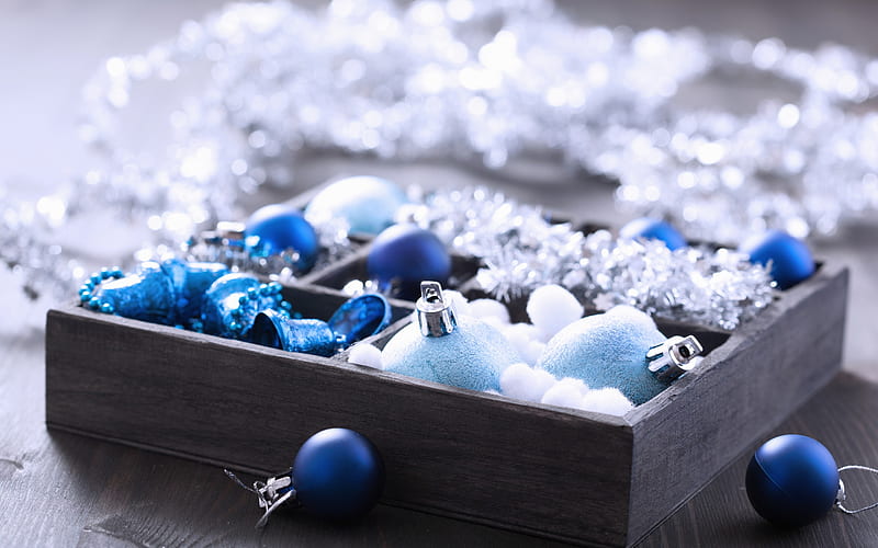 Blue Christmas decorations, New Year, wooden box, blue Christmas balls, HD wallpaper