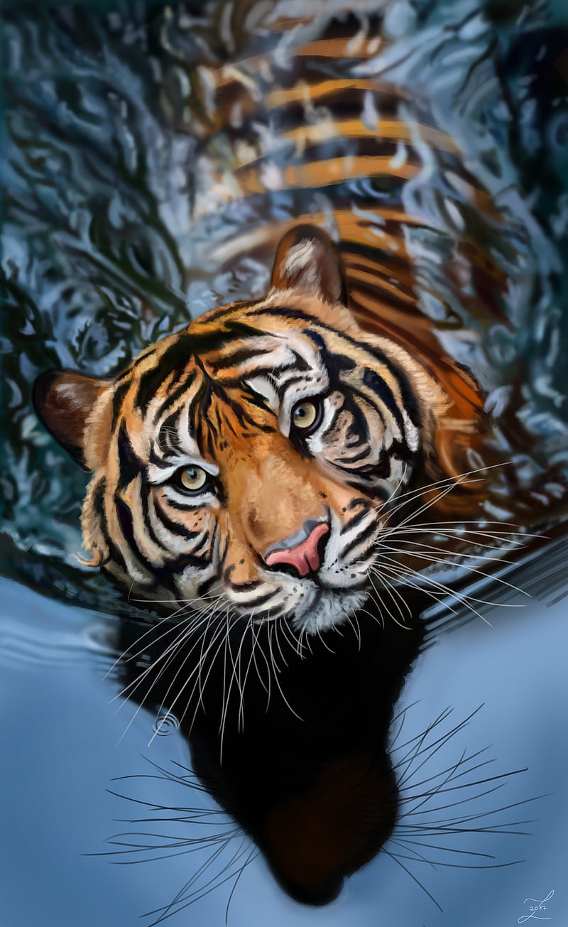tiger, water, art, big cat, predator, striped, HD phone wallpaper