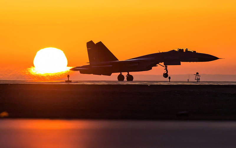 Shengyang J-11, Chinese fighter jet, military airfield, sunset, evening, J-11, Chinese Air Force, HD wallpaper