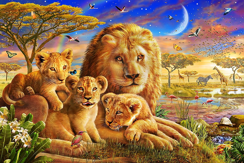 Lion family, family, wild, cub, jungle, lion, animal, HD wallpaper