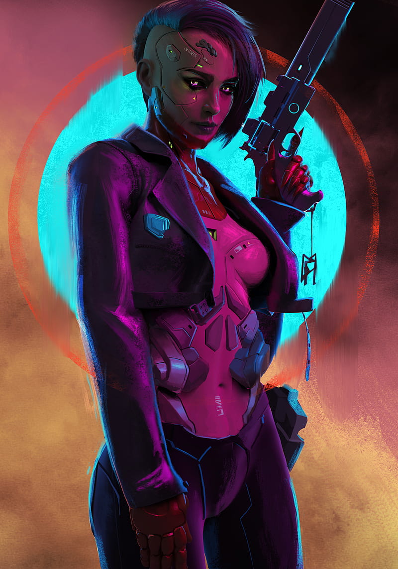 women, fantasy girl, cyborg, futuristic, cyberpunk, jacket, gun, belly, looking at viewer, painting, digital painting, artwork, science fiction, digital art, drawing, circle, yellow eyes, short hair, Pedram Mohammadi, portrait display, HD phone wallpaper