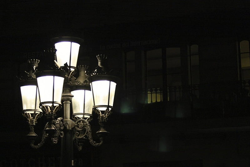 Street Lamps, building, dark, street, light, HD wallpaper