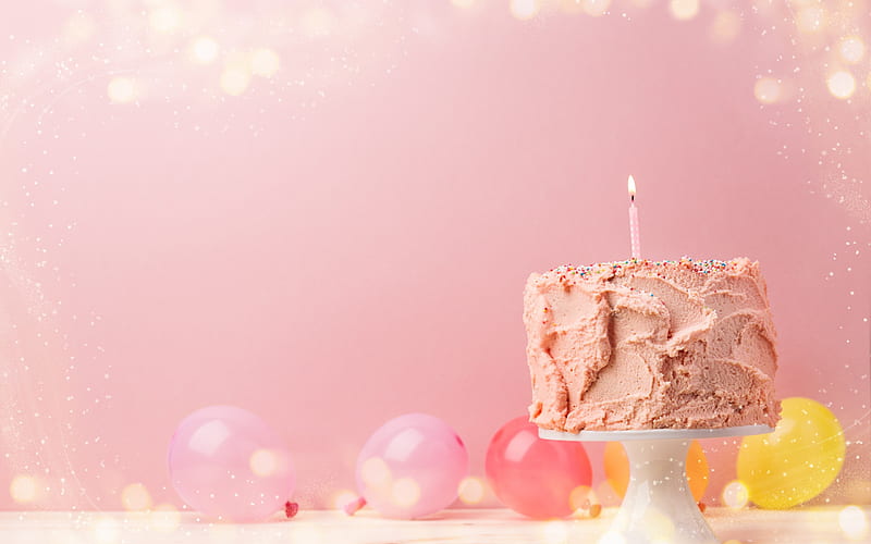Happy birtay, pink birtay cake, pastry, candle, 1 year concepts, cake on pink background, HD wallpaper