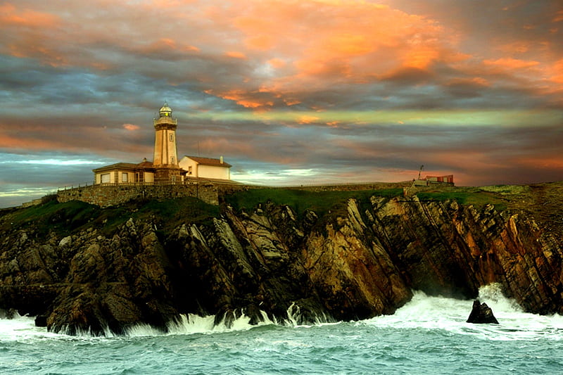 Keeping Watch, rocks, water, ocean, cliff, waves, clouds, lighthouse, sea, HD wallpaper