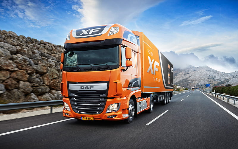 DAF XF, Euro 6, 2017, Orange XF, cargo transportation, delivery of goods, trucks, HD wallpaper