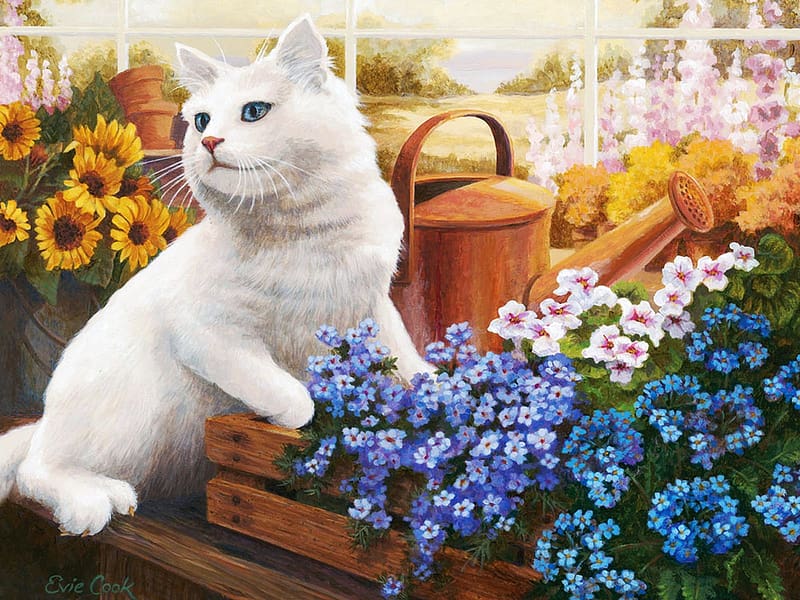 Guardian Of The Greenhouse, blossoms, painting, watering can, cat, flowers, HD wallpaper