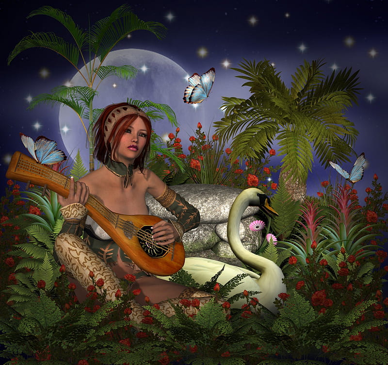 ~Rosita with the Guitar~, rocks, pretty, bonito, digital art, swan, leaves, fantasy, butterfly, gentle, flowers, girls, light, Rosita, animals, stars, moons, female, wings, lovely, music, colors, butterflies, trees, softness, cute, cool, guitar, plants, starlight, tender touch, HD wallpaper