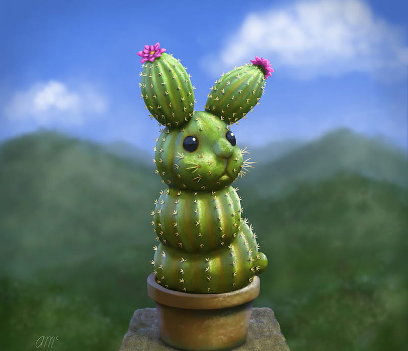 Rabbactus, rabbit, andrew mcintosh, easter, cactus, creative, fantasy, green, flower, funny, bunny, pink, HD wallpaper
