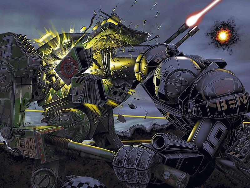 have some of this, missiles, debris, soldier, helmet, firing, mech, weapon, body armour, HD wallpaper