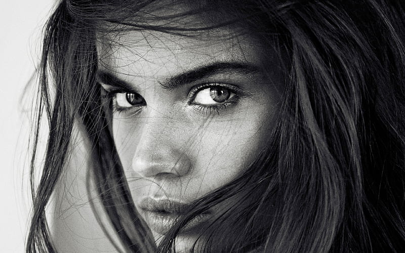 Sara Sampaio portrait, monochrome, Portuguese top model, beautiful female eyes, HD wallpaper