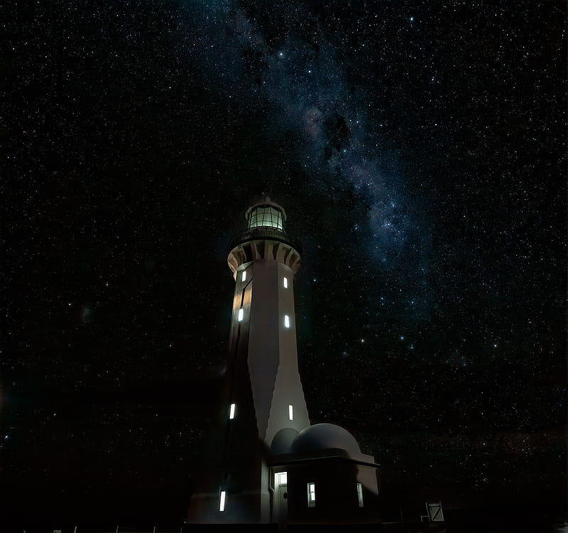 lighthouse, building, dark, night, starry sky, HD wallpaper