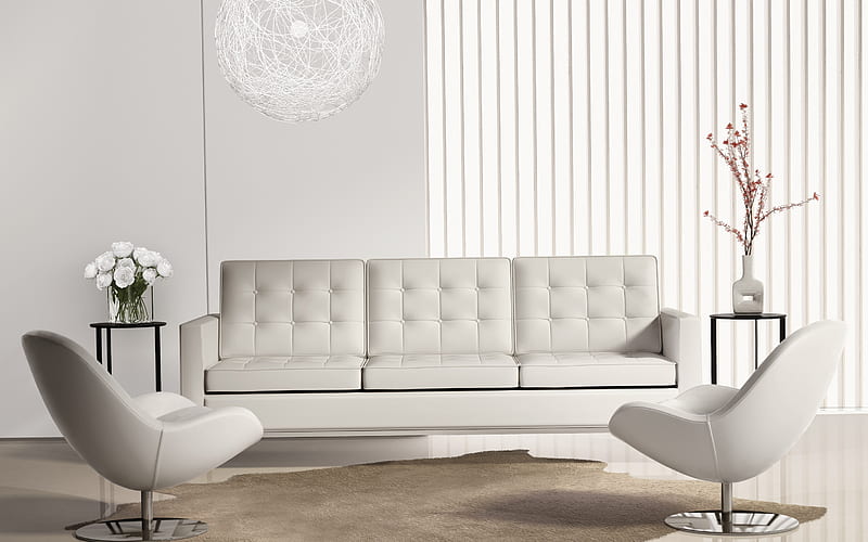 stylish light interior, living room, white leather sofa, stylish armchairs, modern interior design, HD wallpaper