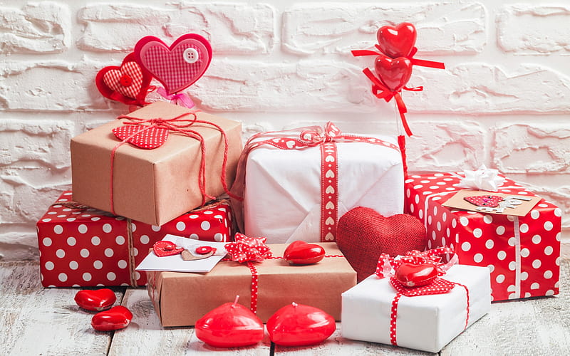 Valentines Day, gifts, romantic concepts, love concepts, red hearts, candles, HD wallpaper