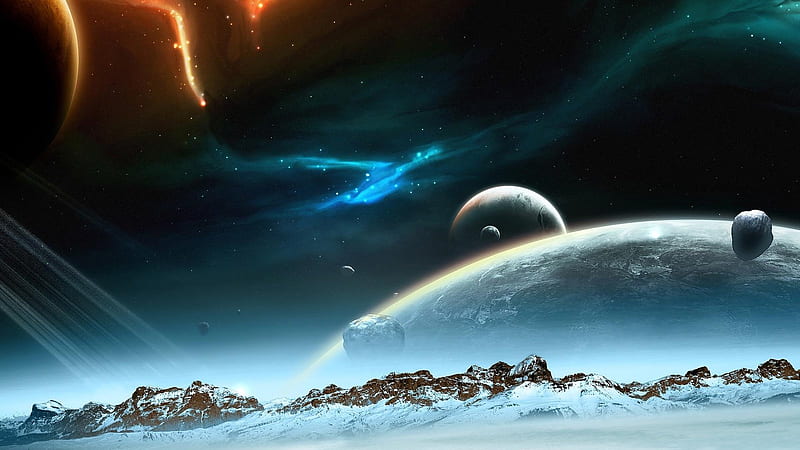 Worlds Beyond, planets, moons, snow, universe, space, mountains, winter, HD wallpaper