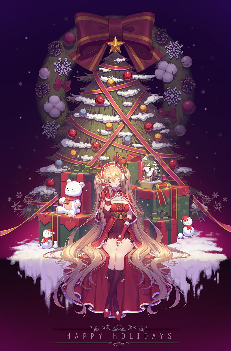 anime girls, Santa costume, Christmas Tree, Christmas presents, blonde, long hair, twintails, HD phone wallpaper