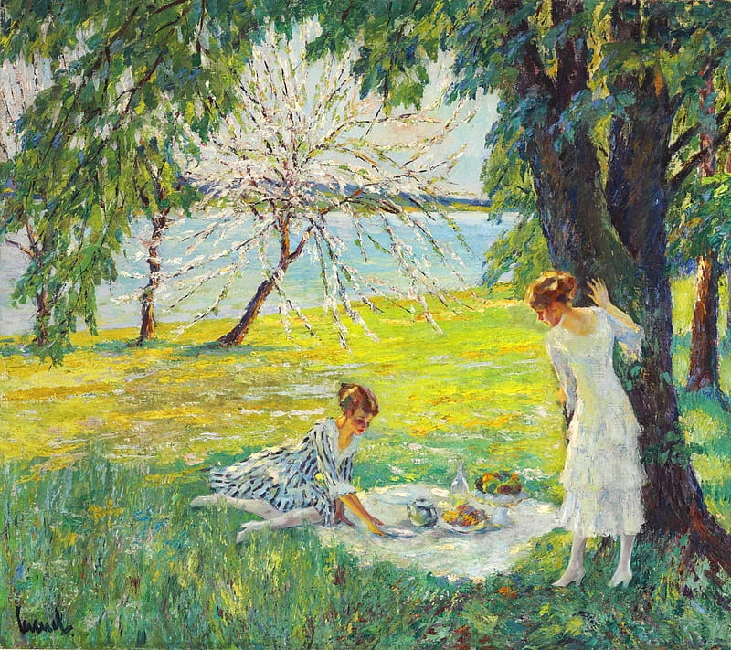 The picnic, art, edward cucuel, spring, woman, tree, green, girl, painting, pictura, HD wallpaper