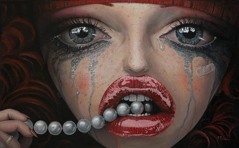 Whatever turns you on, borda, tears, face, red, art, bedds, luminos, lips, firl, fantasy, pearl, eyes, HD wallpaper