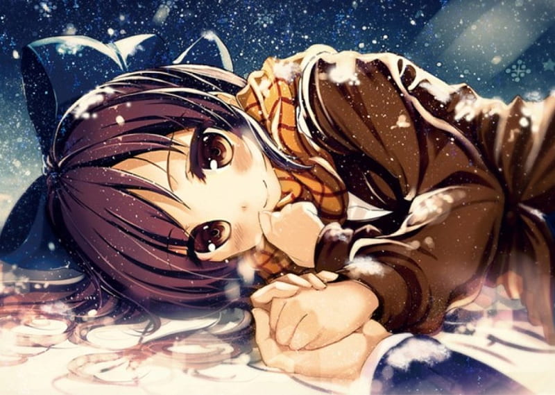 Always together, pretty, girl, snow, anime, holding hands, scarf, HD wallpaper