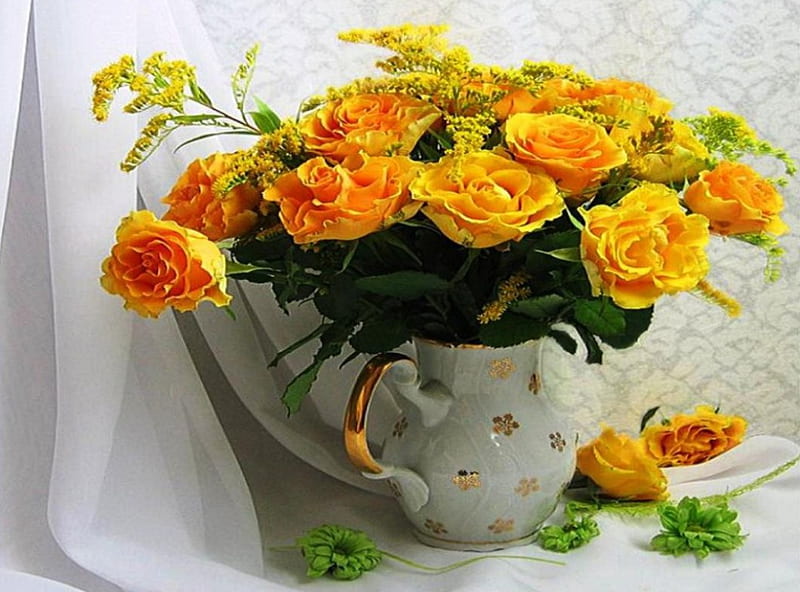 Vase with yellow roses, colorful, golden, vase, bonito, roses, flowers, nature, white, porcelain, HD wallpaper