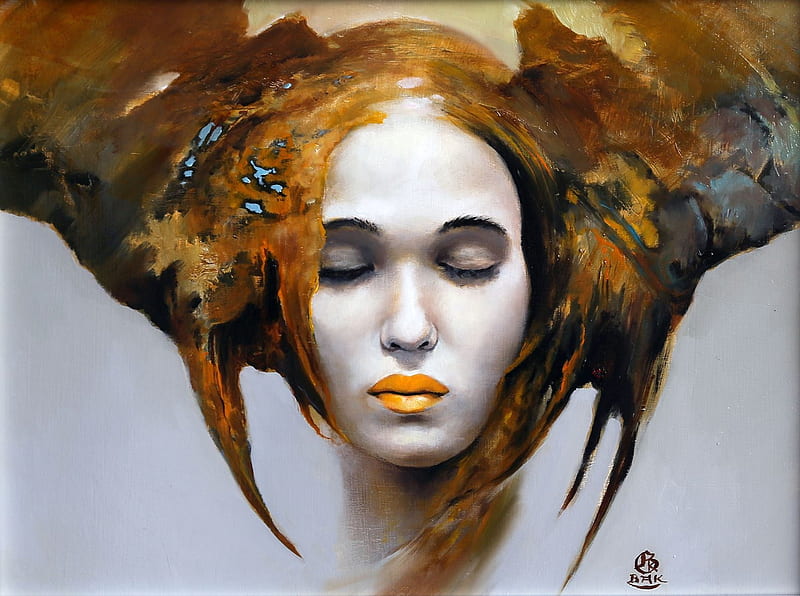 Fantasy girl by Karol Bak, karol bak, art, fantasy, orange, luminos, girl, painting, face, pictura, HD wallpaper